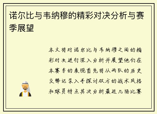 诺尔比与韦纳穆的精彩对决分析与赛季展望